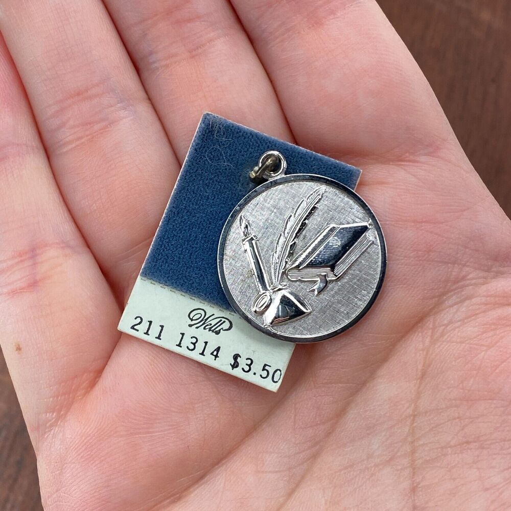 Vintage 925 Wells Sterling Silver Feather Dip Pen Inkwell Book Pendant Charm